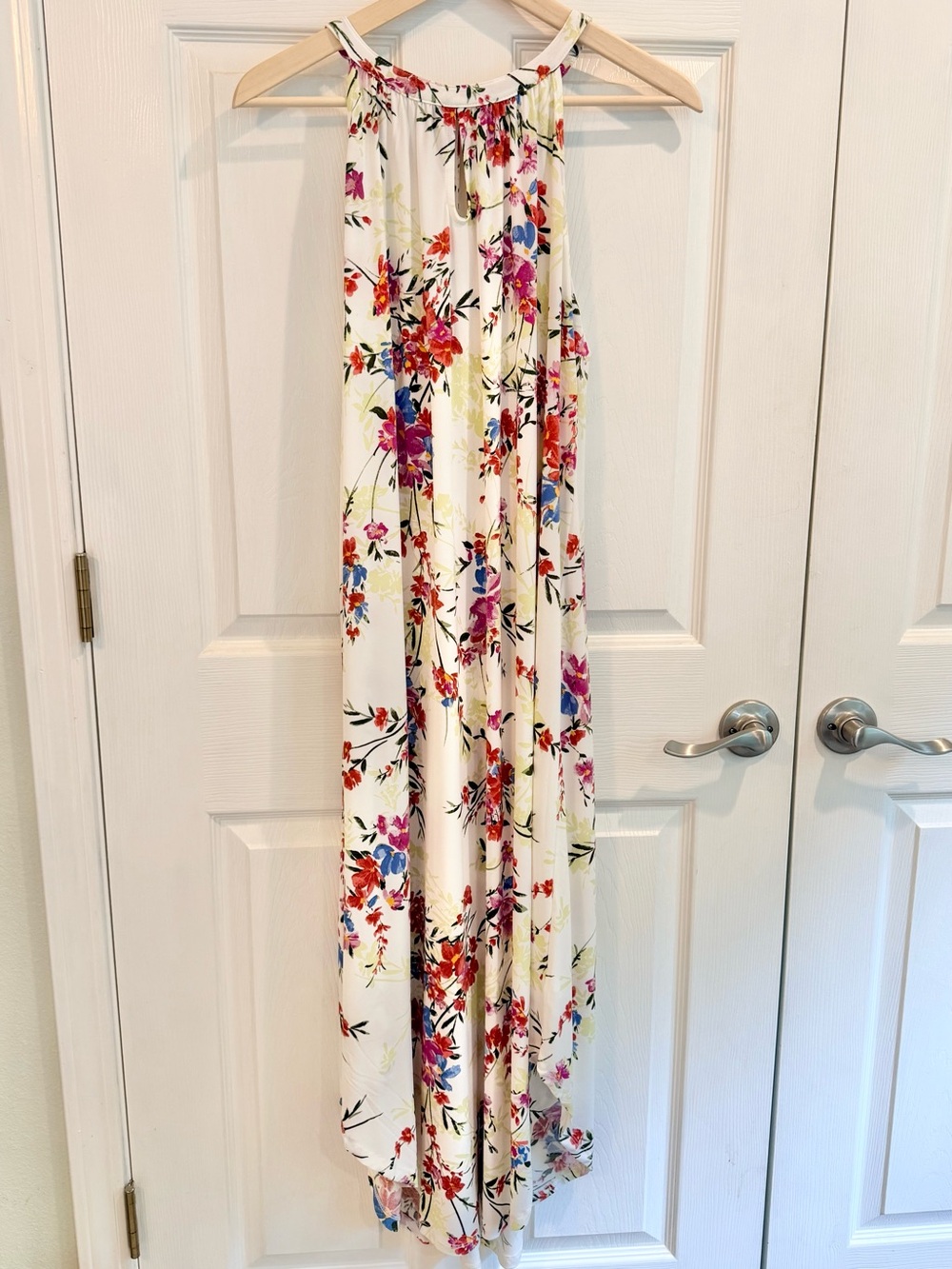Maurices Cream Floral Halter Maxi Dress with Pink & Red Blooms